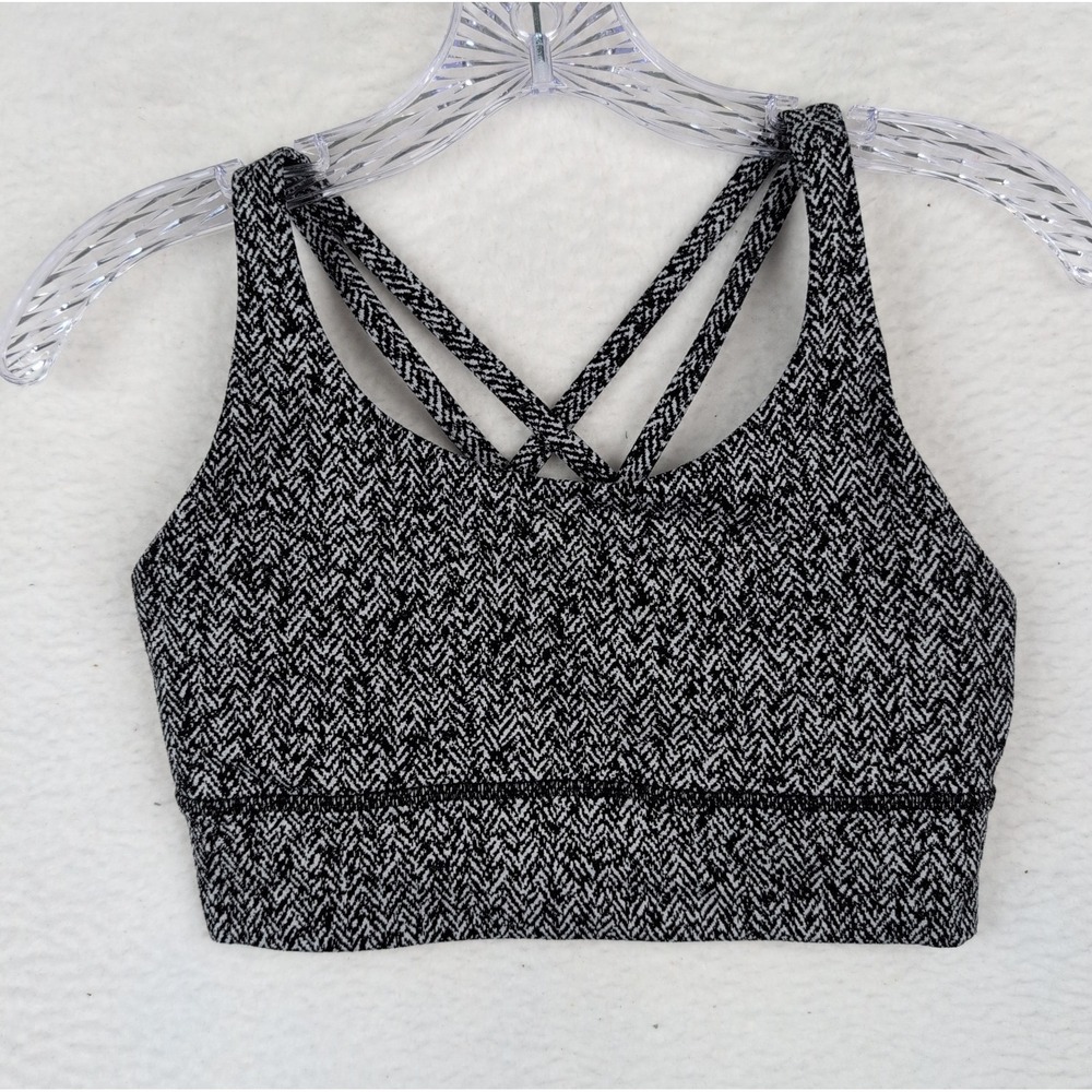 Lululemon Longline Energy Bra Black White Herringbone Strappy Back Athletic Sz 6